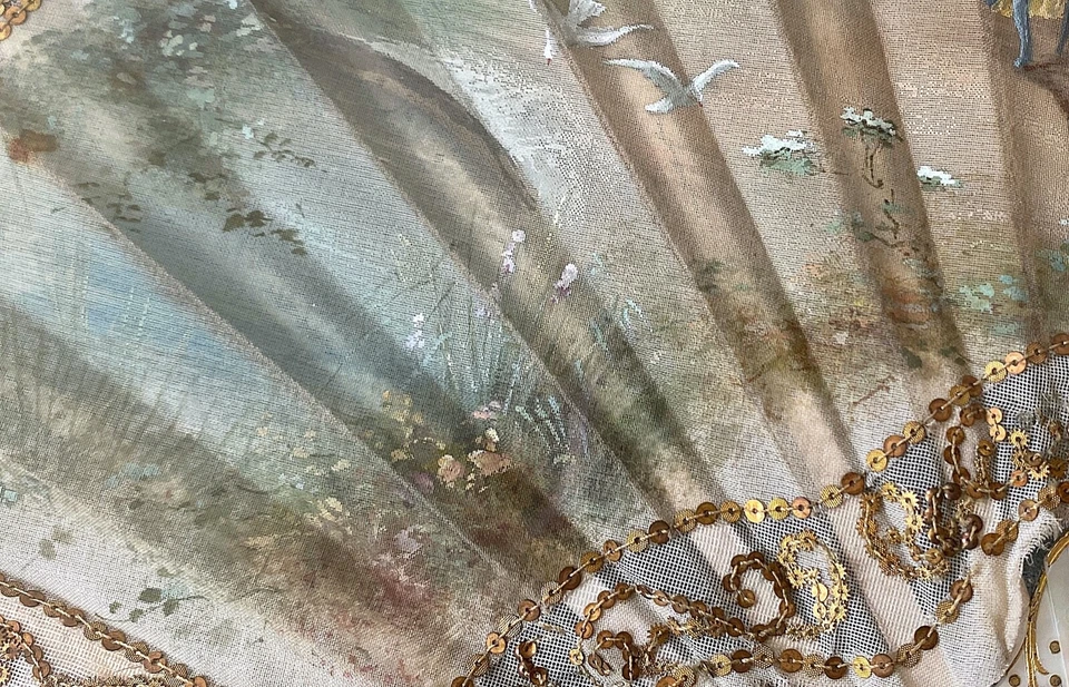 Varas antigas francesas pintadas à mão ventilador de seda do século XIX assinadas WW883 - Imagem 4 de 4