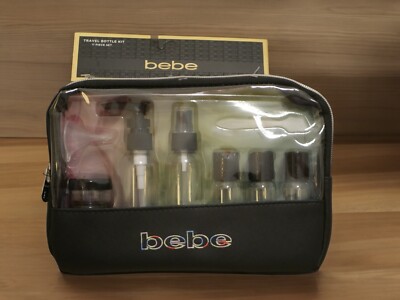 NEW W TAGS BEBE BLACK 11  PIECE SET TRAVEL BOTTLE CASE  BAG COSMETIC AIRLINE TSA