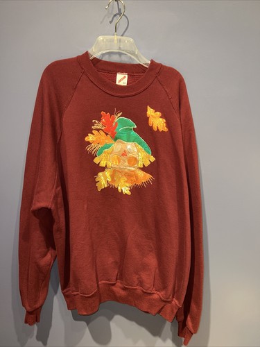 vintage 3X scarecrow Sweatshirt, 1970’s, wine, Fall Leaves, Missing google eyes