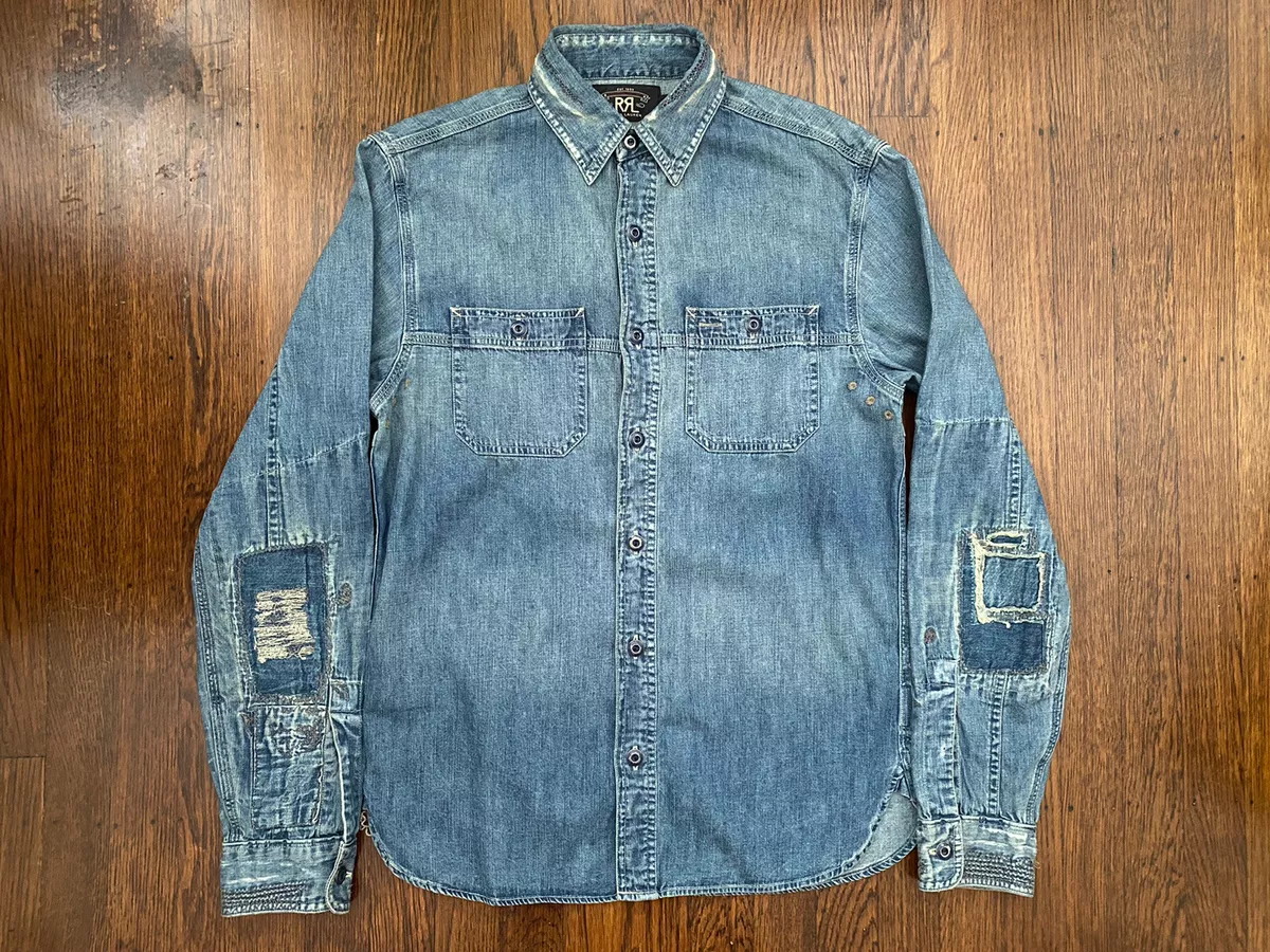 RRL Damaged Repaired Finished Denim Jean Utility Shirt XS NWOT