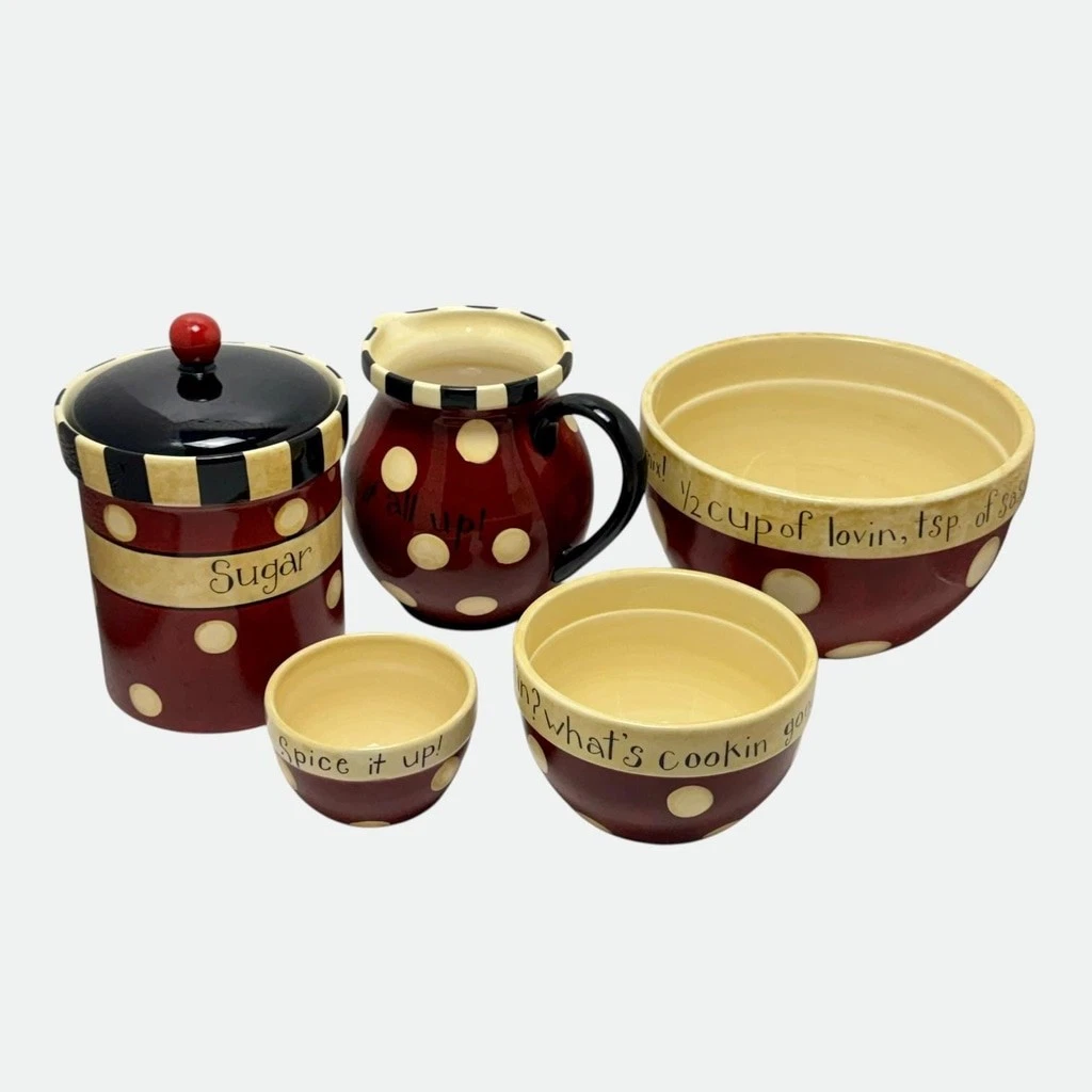 Certified International Family Table Polka Dot Ceramic Canister Mixing Bowl Set