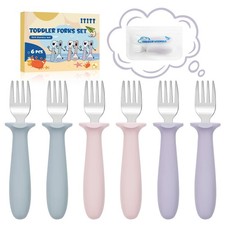 6 PCS Toddler Forks Set - Baby with Silicone 6-Piece Set, Silver