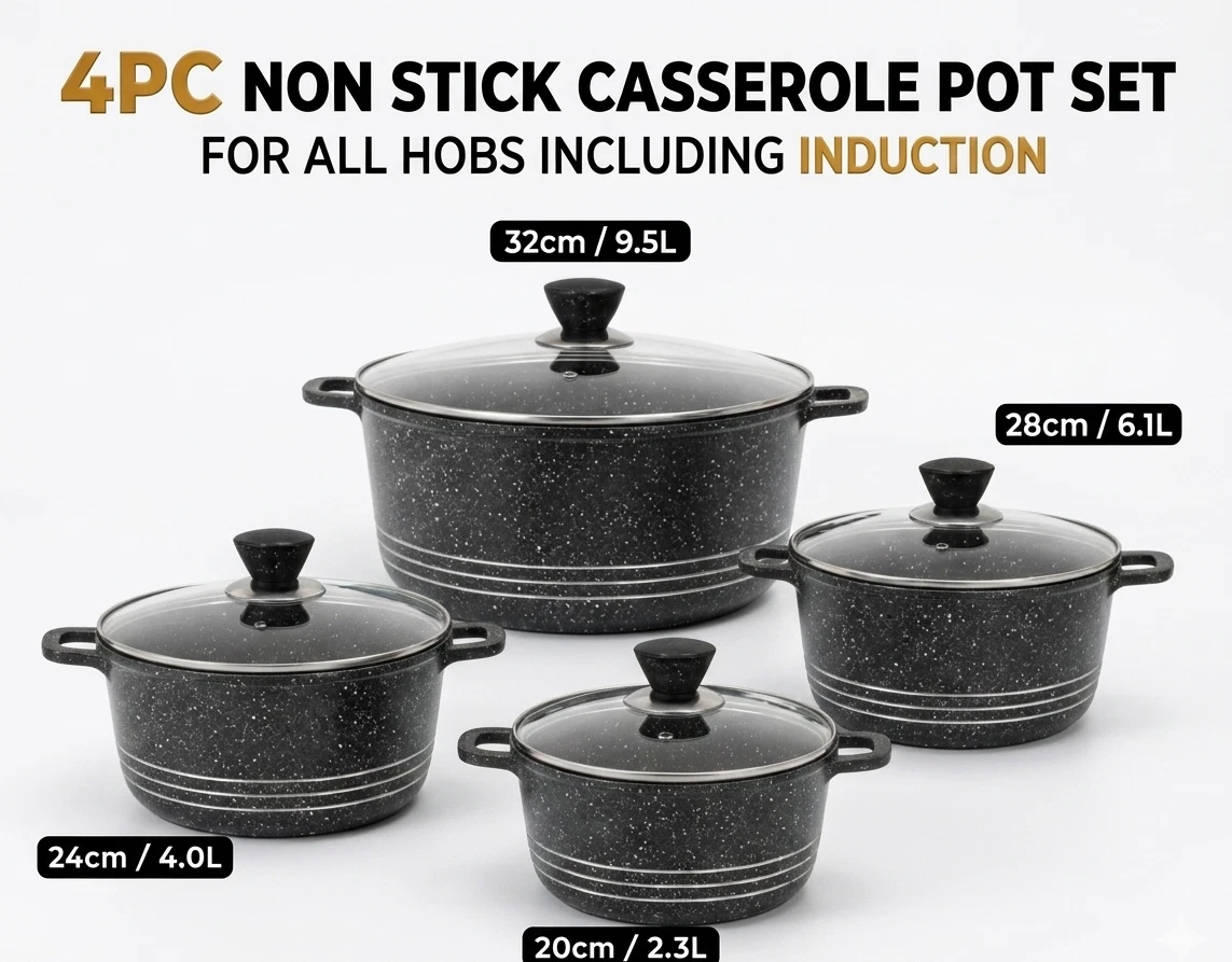 4Pc Non Stick Casserole Pot Set With Aluminium Induction Pans with Lids UK