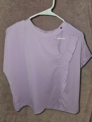 Women s Lavender Ruffle Blouse Short Sleeve Front Button Detail Top L