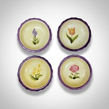 Set of 4 Vintage Ceramic Floral Dipping Bowls - Hand-Painted Flower Designs