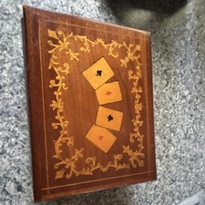 Vintage Wood & Metal Hinged Playing Cards Box...