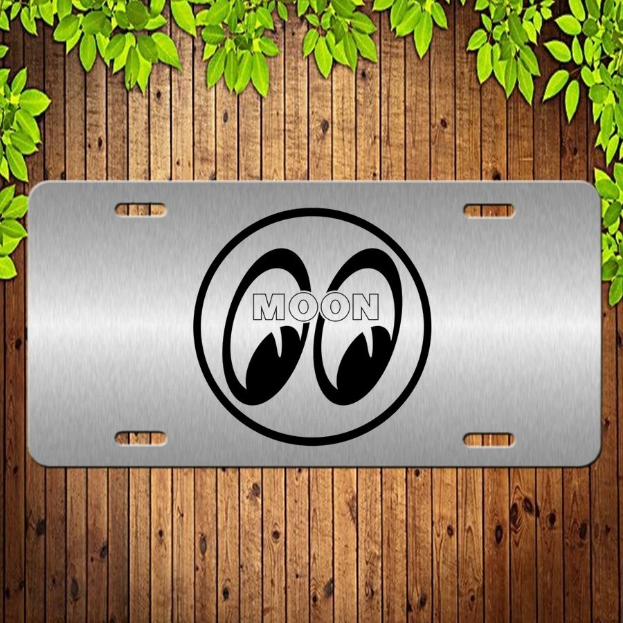 Laser Etched Black Mooneyes Logo on a Silver Brushed Aluminum License Plate Tag - Picture 1 of 6