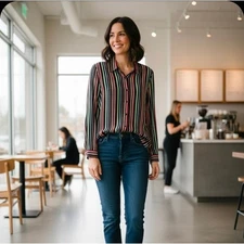 Notations Silk Stripe Button Down Shirt Top Women's XL Black Green Blue Red