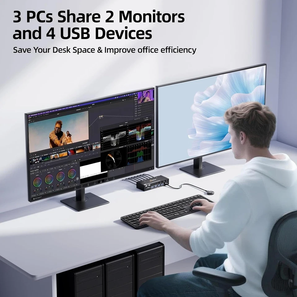 8K@60Hz HDMI DisplayPort Switch 3 PC auf 2 Monitore mit 4 USB Ports Netzteil - Bild 3 von 4