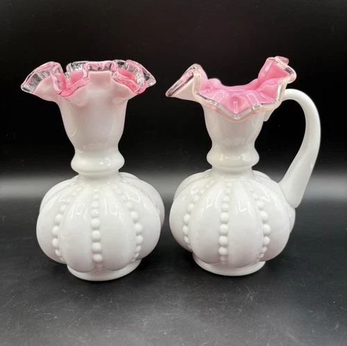 Set Of 2 Vtg Fenton Pink/Peach Crest Beaded Melon 6" Vase & Pitcher Ruffled