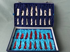 Vintage Chinese Hand Carved Bone Bird Themed Chess Set Red & White Pieces