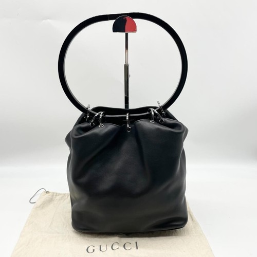 Gucci Tom Ford Black Leather Bucket Bag Hobo Ring Vintage Y2K 0013750