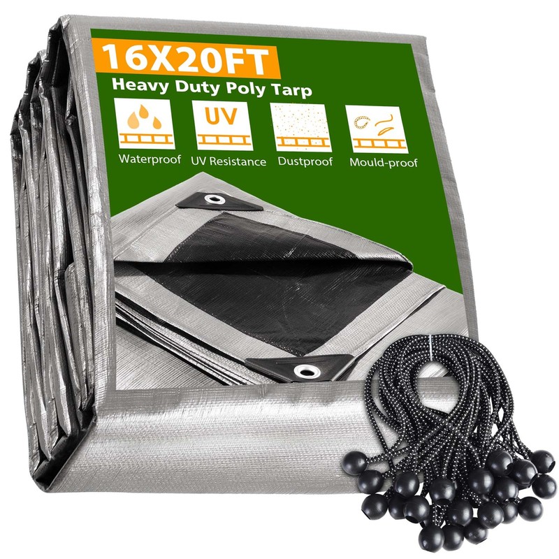 AplusChoice 16x20FT 10Mil Plastic Tarp Waterproof Heavy Duty 8" Bungee Cords 25P