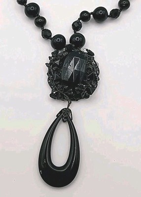 Vintage Miriam Haskell Black Glass Bead Necklace Drop Pendant READ MODIFIED 