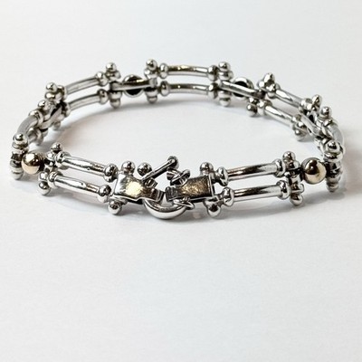 Stunning Sterling Silver Double Bar Link &  Beaded/ 7.50in Bracelet/ 21.1 Grams