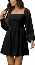 Women's Square Neck Long Sleeve Bubble Mini Dress Pleated Smocked A Line Dresses