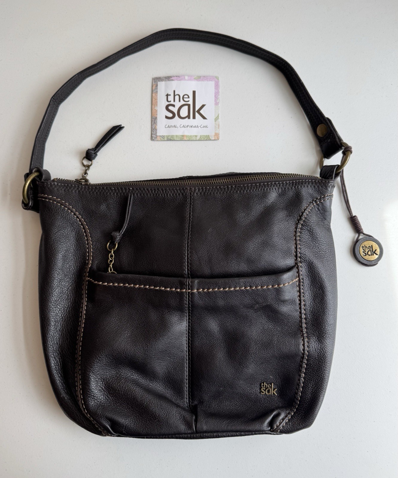 The Sak Brown Leather Shoulder Bag Purse Side Zip Multiple Interior Pockets
