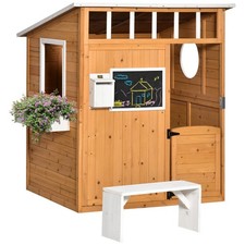 Outsunny Wooden Playhouse for Kids Outdoor w/Working Door,Windows,Mailbox,Bench,