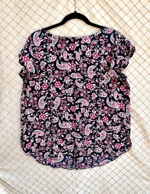 Loft Size L Women s Black Paisley Print Flutter Sleeve Pullover Blouse