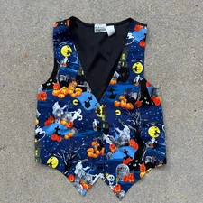 Vintage 90s Basic Editions Halloween Vest Graveyard Pumpkins Ghost Full Moon SM