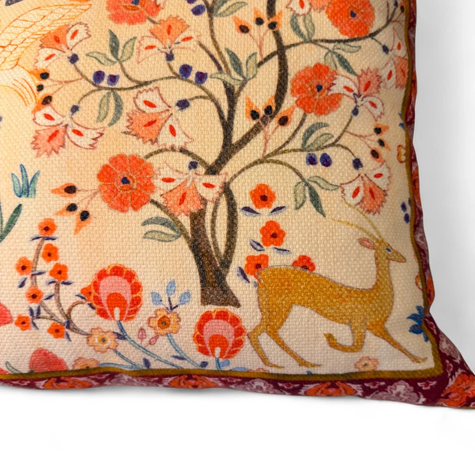 Pair Michaela Pillows Anthropologie Deer & Floral Folk Art Cream/Coral 16in - Image 3 of 4