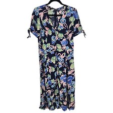 Talbots womens size 8 navy blue floral full button short sleeve midi dress
