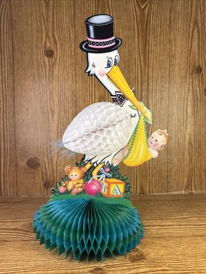 Vintage 1989 Stork Baby Shower Centerpiece Decoration Beistle 14'' Honeycomb
