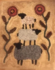 primitive  rug hooking kit hooked Three Stacked Sheep wool linen