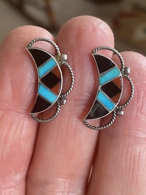 Zuni Inlay Crescent Earrings; Nat.Am. Turq, Coral, Jet; Silver; Signed: Gilespie
