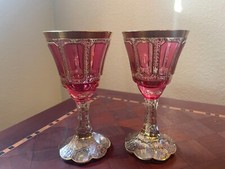 Pair Of Moser Cabochon Cranberry Gold Goblet