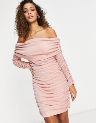 Club London Long Sleeve Bardot Off Shoulder Ruched Mini Dress Pink Bodycon  Sexy