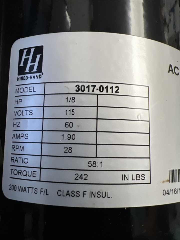 HH AC Gear motor Model 30170112. 115v 28rpm 1.9amp 581 Ratio 242 Lb