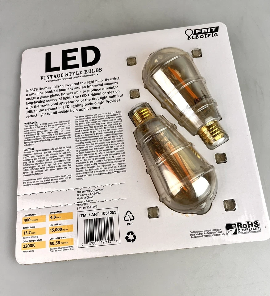 Feit Electric LED Vintage Style Bulbs Dimmable, Amber 2200K 400 Lumens 2-Pack  - Image 2 of 3