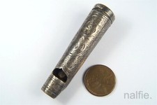 UNUSUAL ANTIQUE ENGLISH STERLING SILVER WHISTLE VESTA CASE / PILL BOX c1904