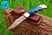 HANDMADE DAMASCUS STEEL FOLDING BLADE POCKET KNIFE WOOD & BRASS  HANDLE 655