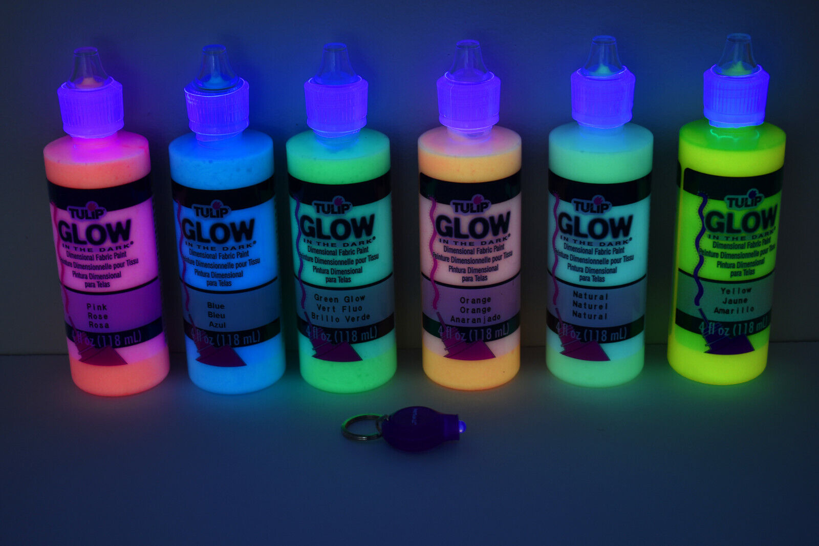 4oz Set Glow in The Dark Luminous Fabric Paint with UV Keychain Light