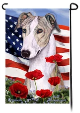 Patriotic Flowers Garden Flag - Fawn Brindle and White Greyhound