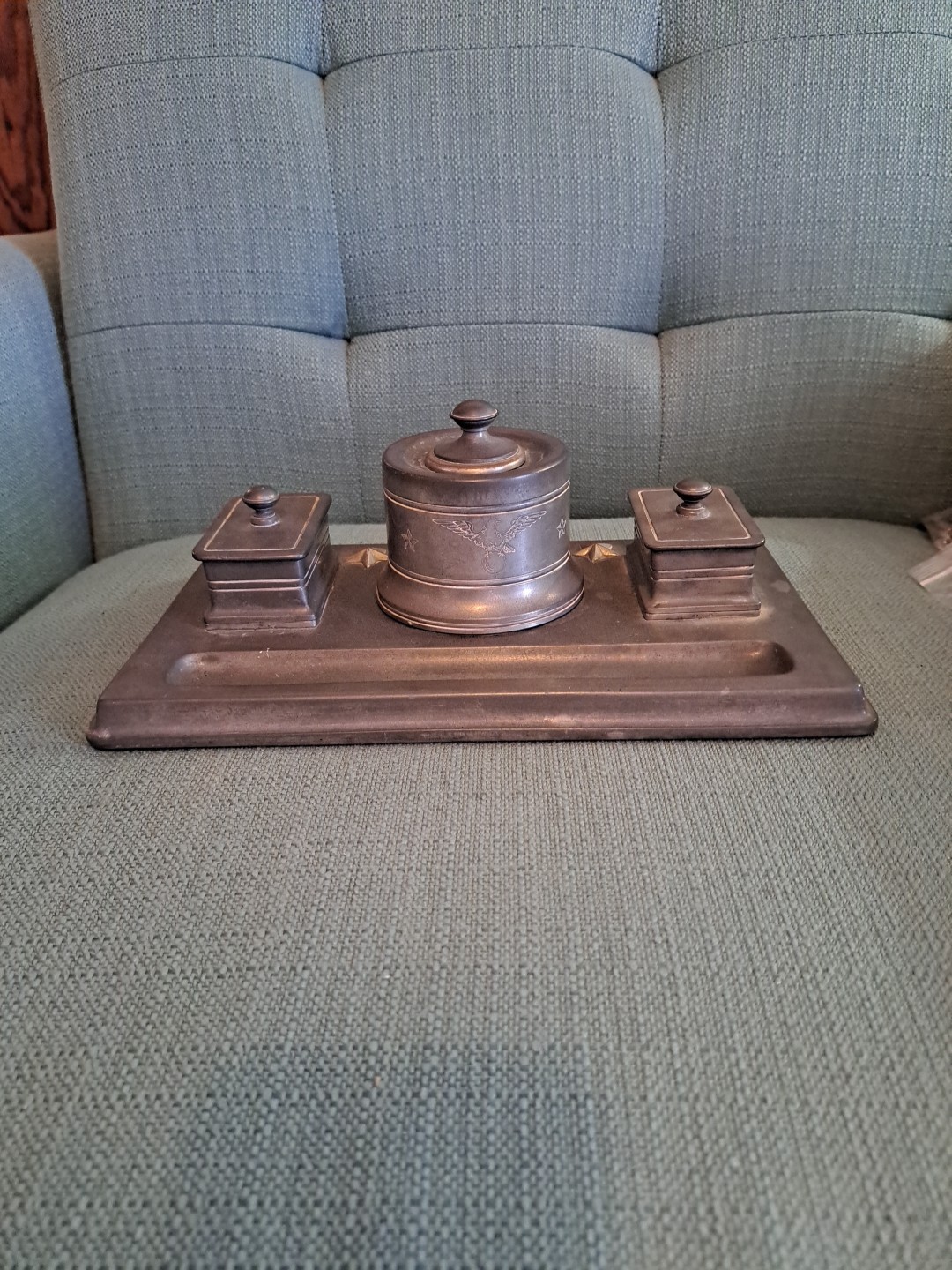 Vintage Metal Inkwell With Dual Compartments and Glass Insert Eagle Design 6 lbs