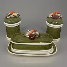 Vtg Arnart 5th Ave 2246 Green Garden Harvest  Butter Dish S&P Shaker Hand Paint