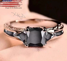 Silver Plated Solitaire Ring Size 7 Black Emerald-Cut Stone Prong Set