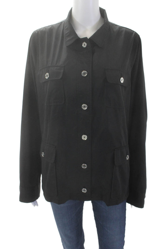 Calvin Klein Womens Long Sleeve Silver Hardware Button Up Blouse Black Size L