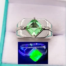Men's Sterling Uranium Glass Ring Unisex Square Cut Rope Design 925 Silver