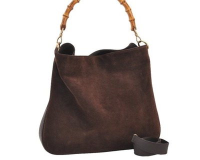 Authentic GUCCI Vintage Bamboo 2Way Shoulder Hand Bag Suede Leather Brown 511AB