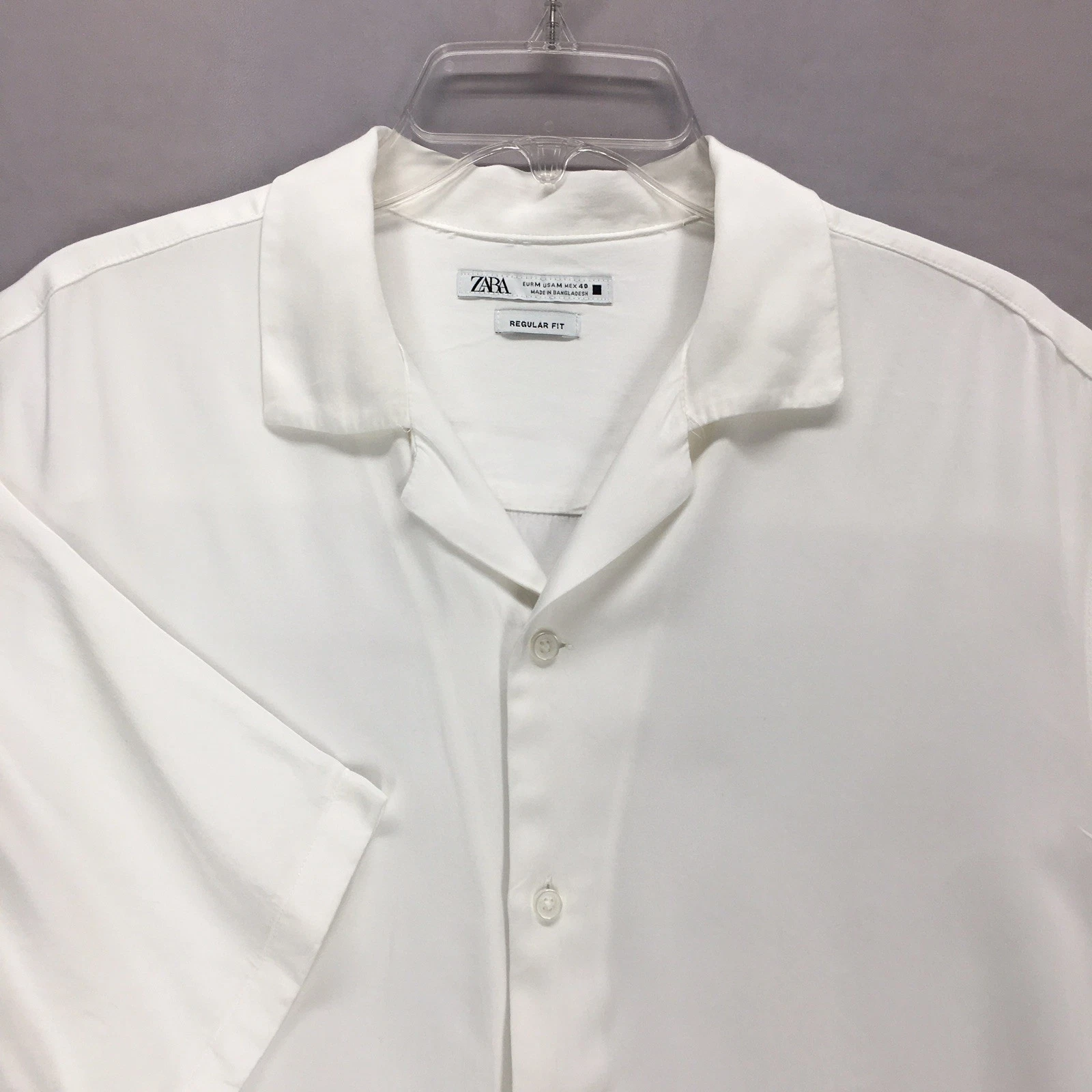 Zara Button Up Shirt Mens MEDIUM Regular Fit White Rayon Short Sleeve