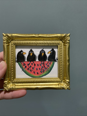 Funny Crow,ravens,Original Painting On Paper,3/4,framed,miniature,small,mini