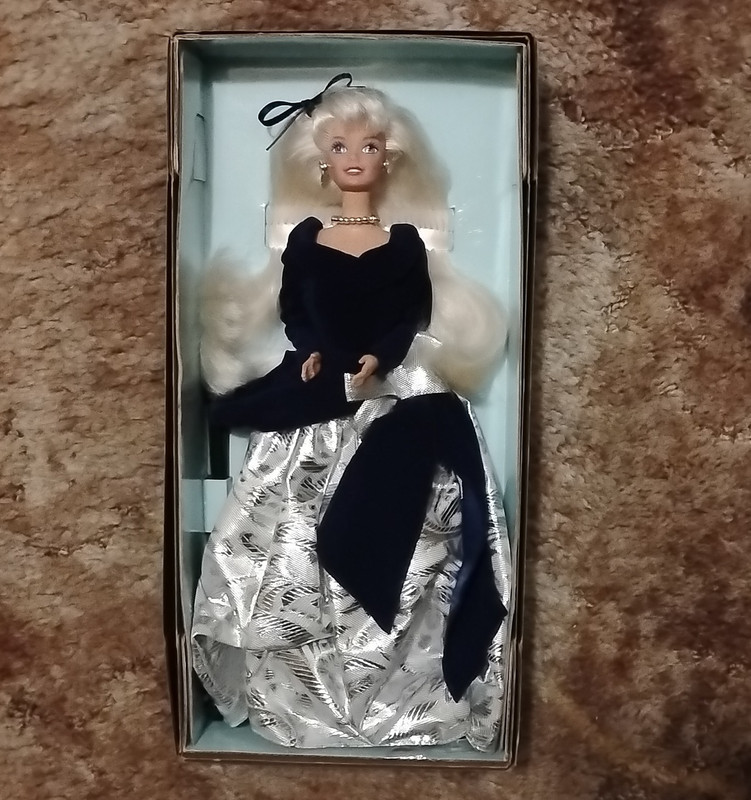 Blonde Wavy Hair Fashion Doll Black & Silver Gown Necklace Boxed