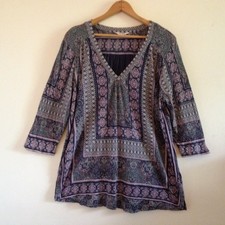 1X Lucky Brand Boho Print Tunic Top Shirt Blue Purple Cotton Linen Festival Folk