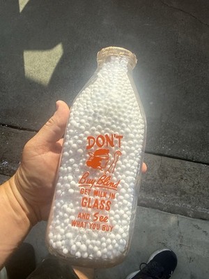 Vintage Milk In Glass Advertising Quart Bottle Orange Pyro Dairy Promo Bottle