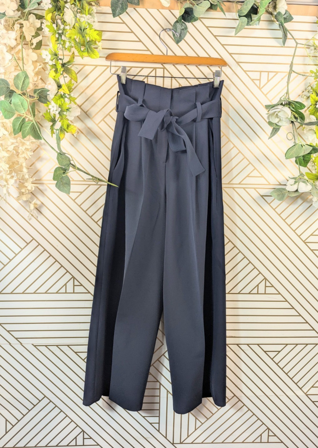 COS Womens Ultra High Rise Belted Paper Bag Wide Leg Cropped Pants Navy Blue 4