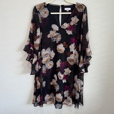 Calvin Klein Womens Black Floral Chiffon Bell Sleeve Shift Dress Size 12